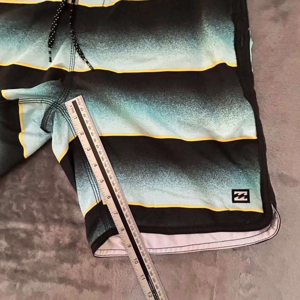 Billabong Originals 73 Mens 33 Board Shorts Aqua Black Yellow Stripe Surf Swim